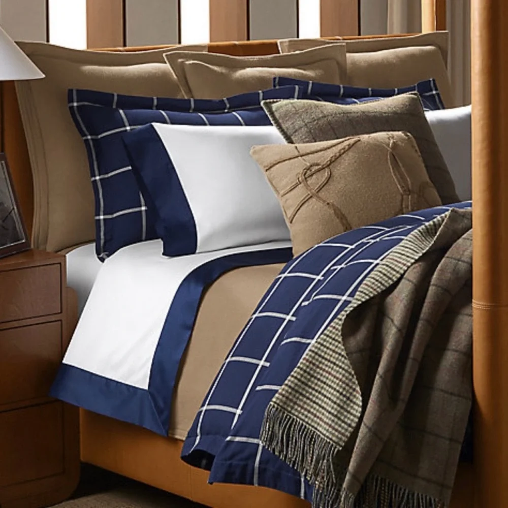 Ralph Lauren King Modern Equestrian Navy/Cream Windowpane Cotton Cashmere Duvet